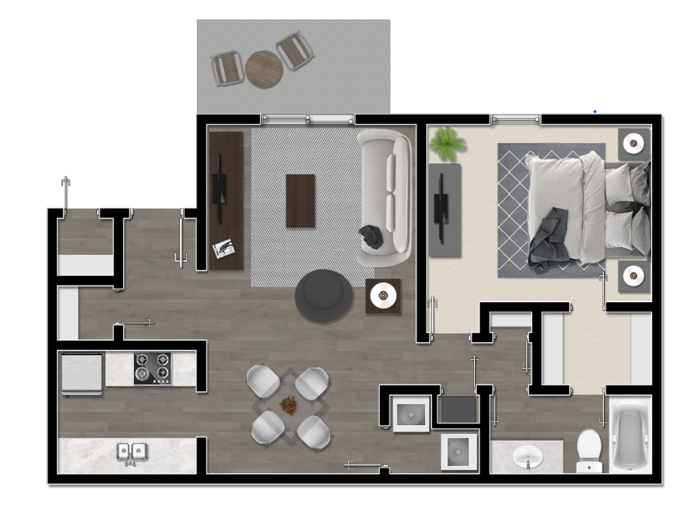 Floor plan for 1 bed, 1 bath, 765 sqft